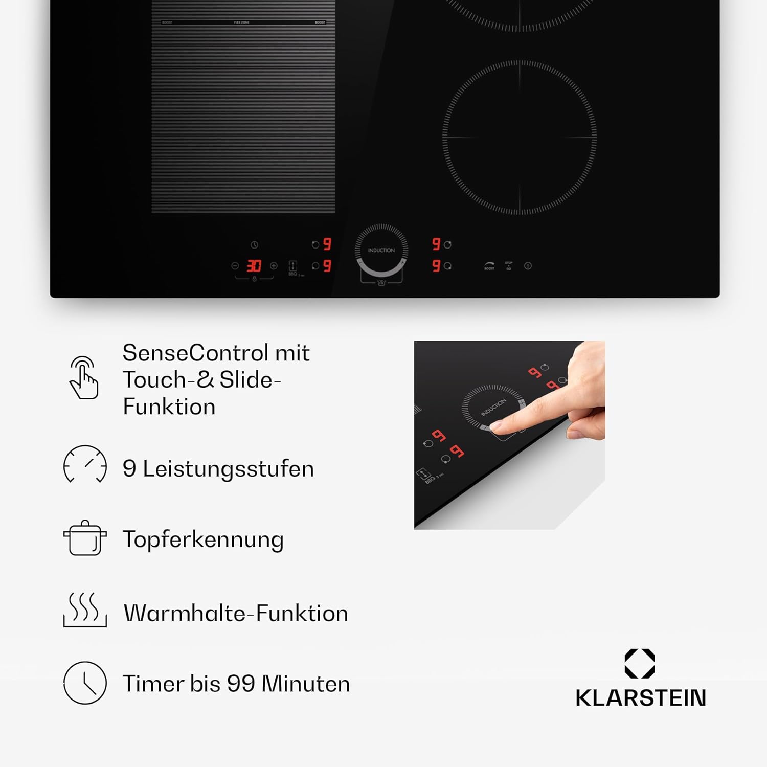 Klarstein Piano Cottura a Induzione, Piano Cottura in Vetroceramica, con 4 Piastre, Incasso con Display Touch, Display Digitale e Funzione Timer, Riscaldamento Veloce, 7000 Watt