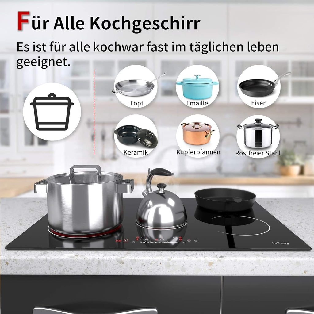 IsEasy 4 Zonen Einbau Induktionskochfeld mit 9 Leistungsstufen &1-99Min Timer, Boost-Funktion, Induktionskochplatte, Induktion Herdplatte mit 4 Platten, 60cm, 6800W, Schwarz