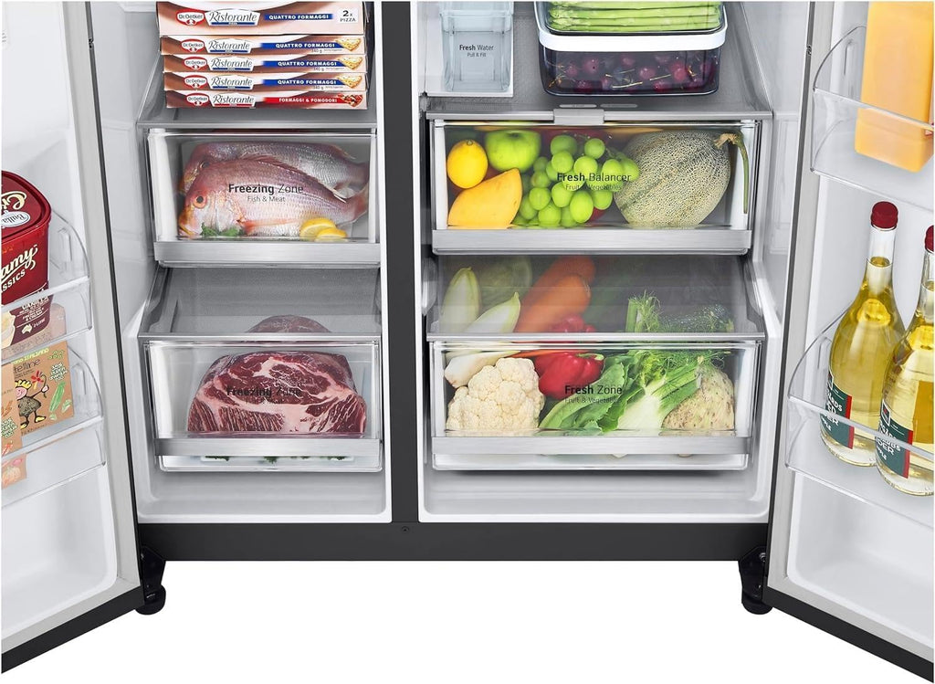 LG GSGV81PYLL Frigorifero Side by Side, Classe E, 635 L, Instaview, Frigorifero con congelatore, Dispenser ghiaccio, ghiaccio tritato, acqua, Total NoFrost, Smart Inverter Compressor, Wi-Fi
