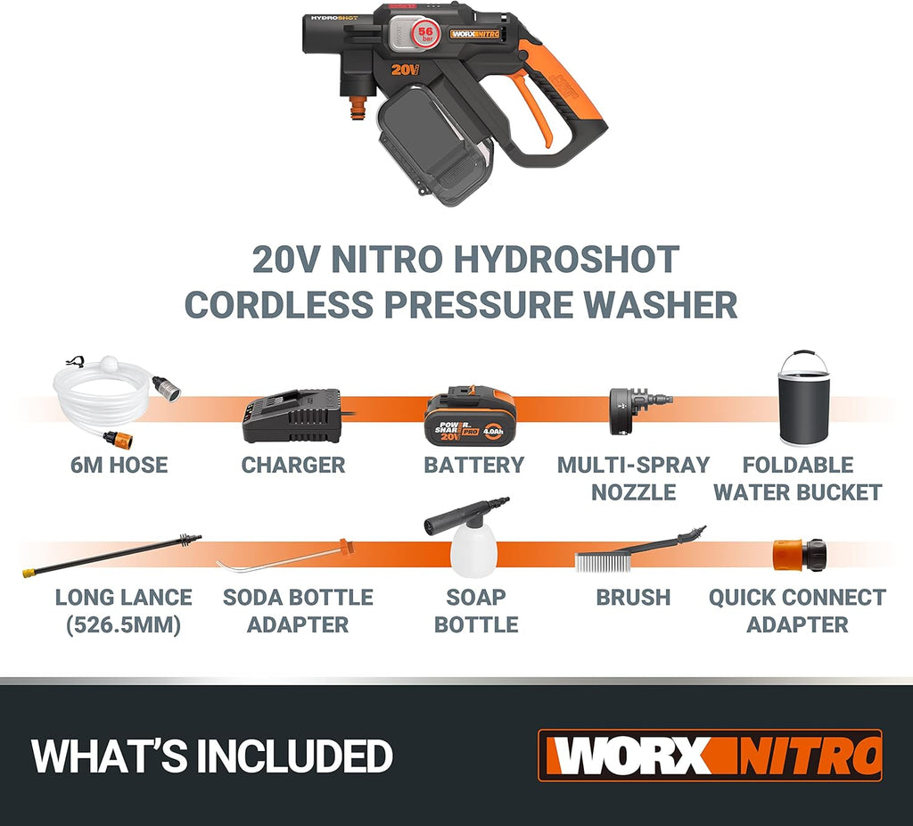 WORX Nitro Hydroshot Idropulitrice a batteria 18V(20V MAX) WG633E.1, PowerShare, pulizia di terrazze e auto, max. 56 bar, 220 l/h, con accessori, batteria 4,0 Ah e caricabatterie Arancione e Nero