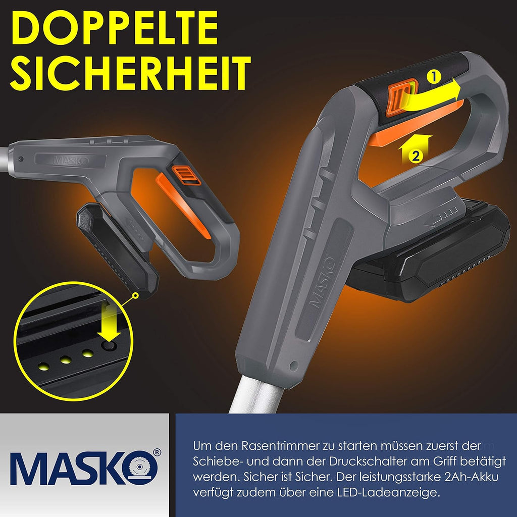 MASKO Decespugliatore a batteria con batteria al litio da 20 V, batteria da 2,0 Ah e caricabatterie, larghezza di taglio 26 cm, angolo di taglio 180°, manico telescopico e impugnatura aggiuntiva, incl. 20 lame in plastica, grigio