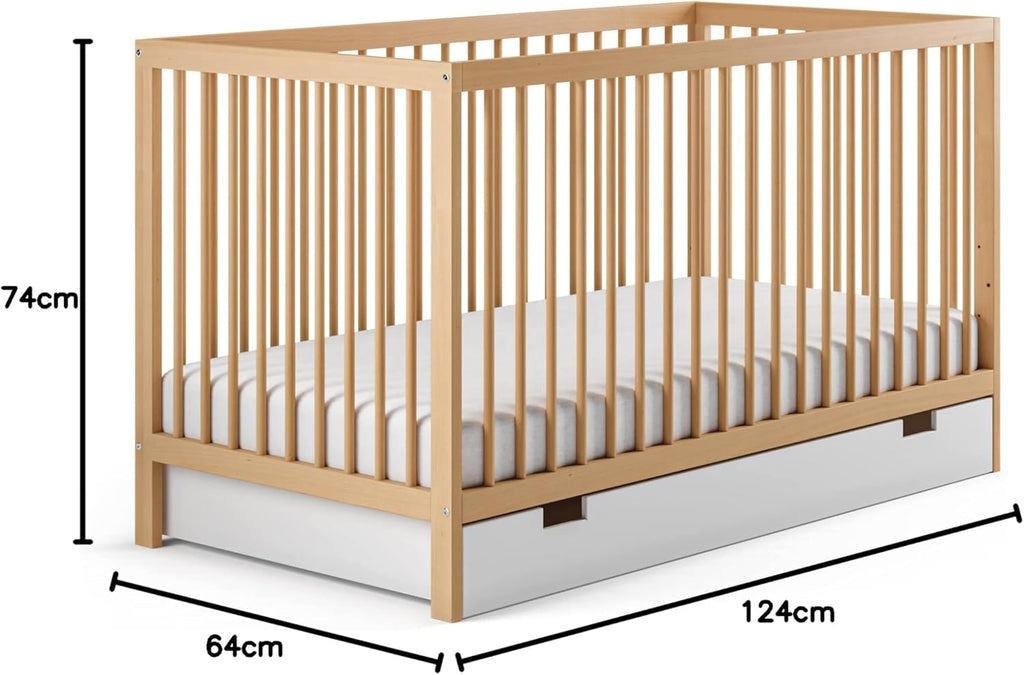 Kids Collective Lettino per neonati 60x120 regolabile in altezza e sponde rimovibili, opzionale con cassetto e materasso | Legno di faggio bianco molto stabile Prodotto in Europa