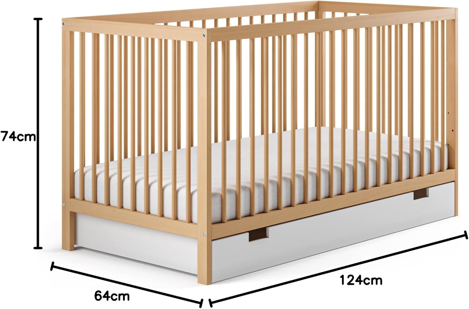 Kids Collective Lettino per neonati 60x120 regolabile in altezza e sponde rimovibili, opzionale con cassetto e materasso | Legno di faggio bianco molto stabile Prodotto in Europa
