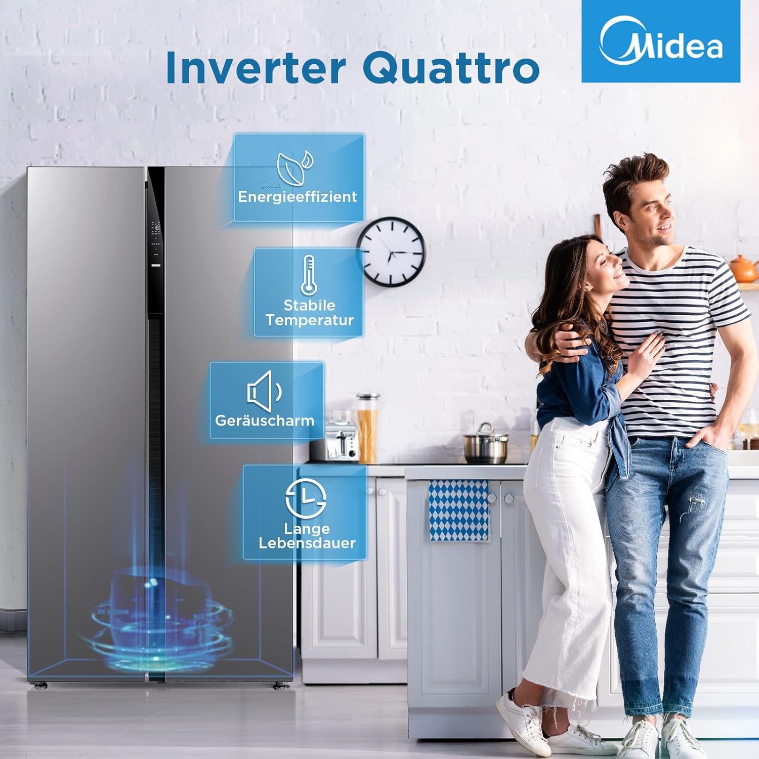 Midea KS-DDX 6.32 WT Frigorifero Side-by-Side con Congelatore/Altezza 178,8 cm/254 kWh/anno/No Frost/Compressore Dual Inverter/con Distributore di Acqua e Ghiaccio 3-in-1 e Serbatoio d'Acqua, Inox Scuro