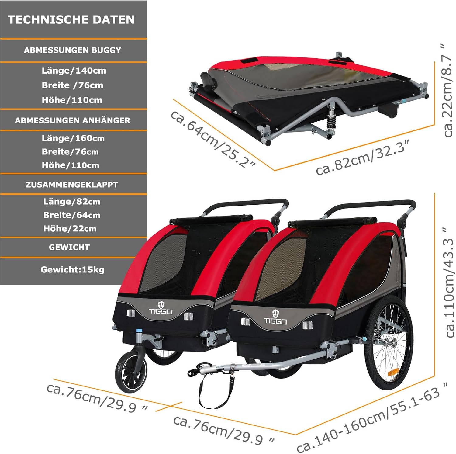 Tiggo S2 Rimorchio per Bambini con Sospensioni Jogger 2 in 1 Passeggino Bicicletta Rimorchio Girevole a 360°