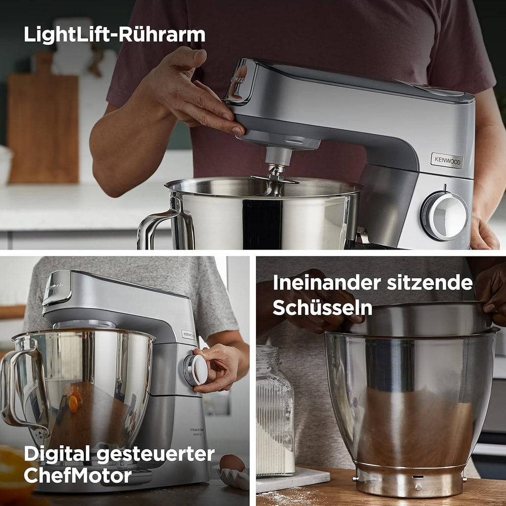 Kenwood Titanium Chef Baker KVL85.424SI Robot da cucina con bilancia integrata, incl. set pasticceria da 4 pezzi, ciotole da 7 L e 5 L, regolazione continua della velocità, 1200 W, Argento