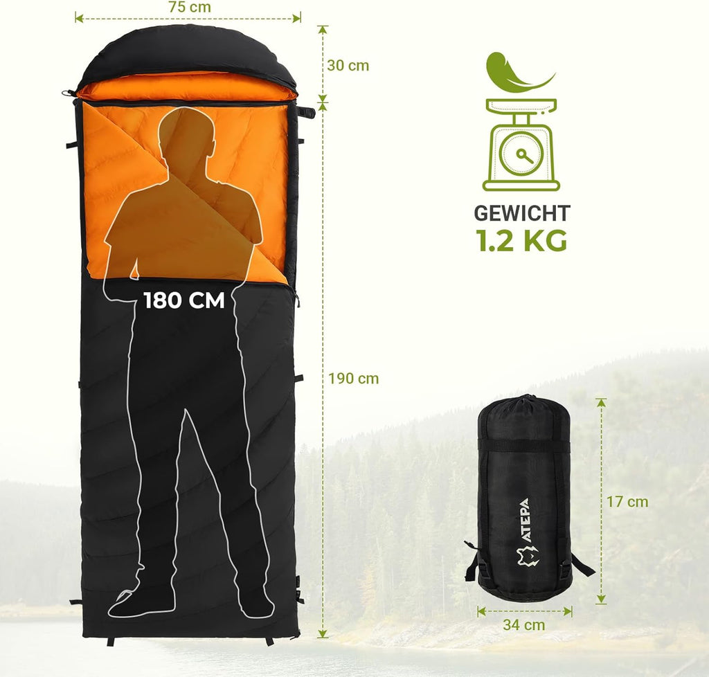 ATEPA Daunenschlafsack Winter Outdoor,Daunenschlafsack, Übergröße Ultraleichter, 3 Jahreszeiten Warm, XXL Leichtgewicht, großartiger Komfort, Ideal für Rucksacktouren Erwachsene Camping, Wandern