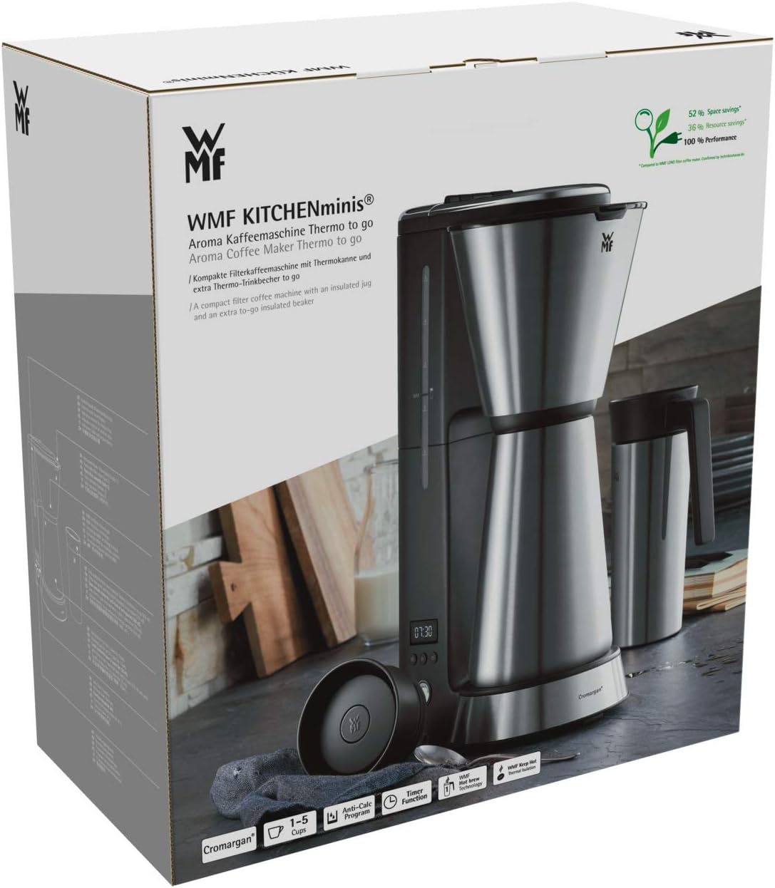WMF Küchenminis Macchina da caffè con filtro Aroma, piccola, con caraffa termica, 870 Watt, tazza termica da asporto, macchina da caffè singola piccola con timer, cromargan opaco