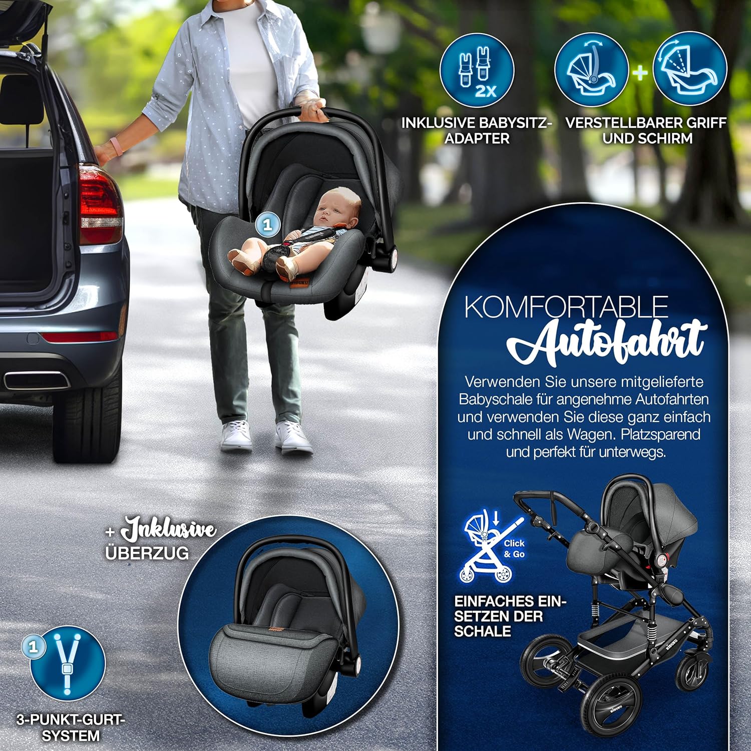 KIDUKU® Set completo passeggino 3 in 1 | Set passeggino combinato con navicella e sedile sportivo passeggino e seggiolino auto ovetto sacco a pelo | Ruote in gomma piena borsa per il cambio scaldamani parapioggia tavolino ECE R129