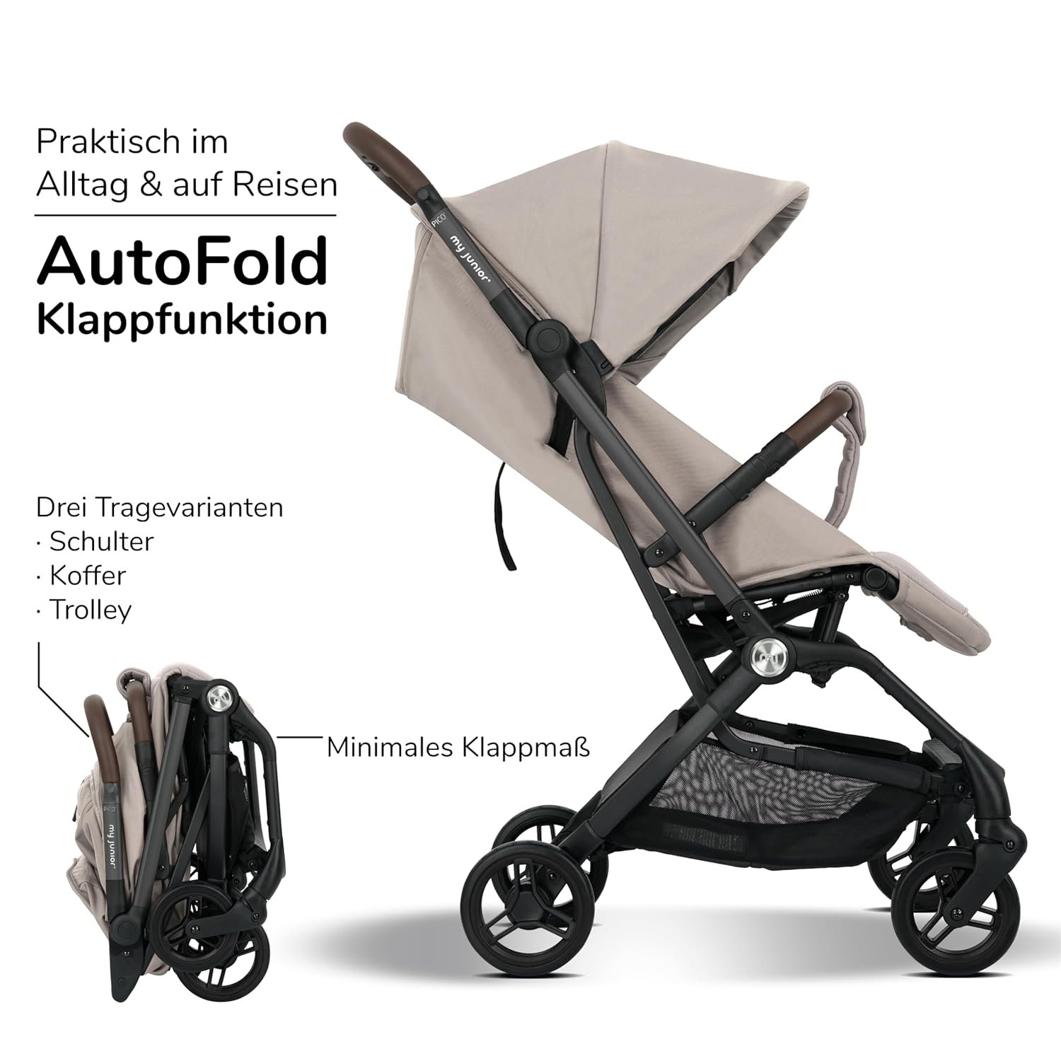 my junior® Buggy PICO³ | bis 22kg | Einhand AutoFold-Klappmechanismus | Ergonomische Liegeposition nach IGR e.V. | großes Sonnenverdeck UV50+ | Handgepäckmaß | 2 Belüftungsfenster Hazel - Black