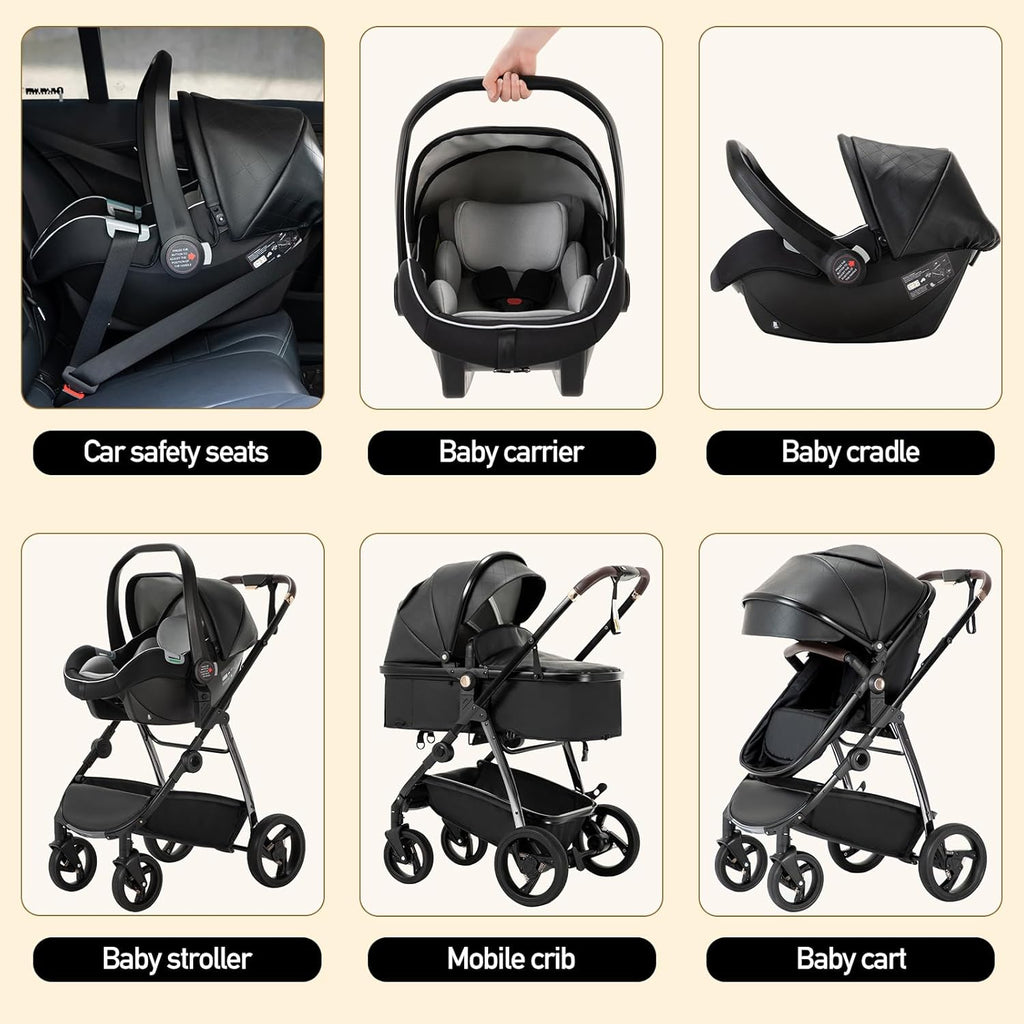 Gcarebb Passeggino 3 in 1, Buggy con Ovetto, Set Completo Passeggino Regolabile in Altezza, Passeggino Combinato con Telaio in Alluminio per Neonati 0-4 Anni