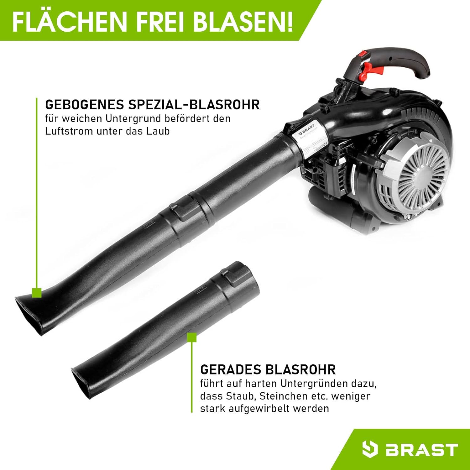 BRAST® Aspiratore Soffiatore per Foglie a Benzina 1,0kW(1,36PS) | Sacco di Raccolta da 55L | incl. 2 Tubi Soffiatori, Tracolla & Impugnatura Anti-Vibrazione | Funzione 4in1 | Velocità di Soffiatura 73 m/s
