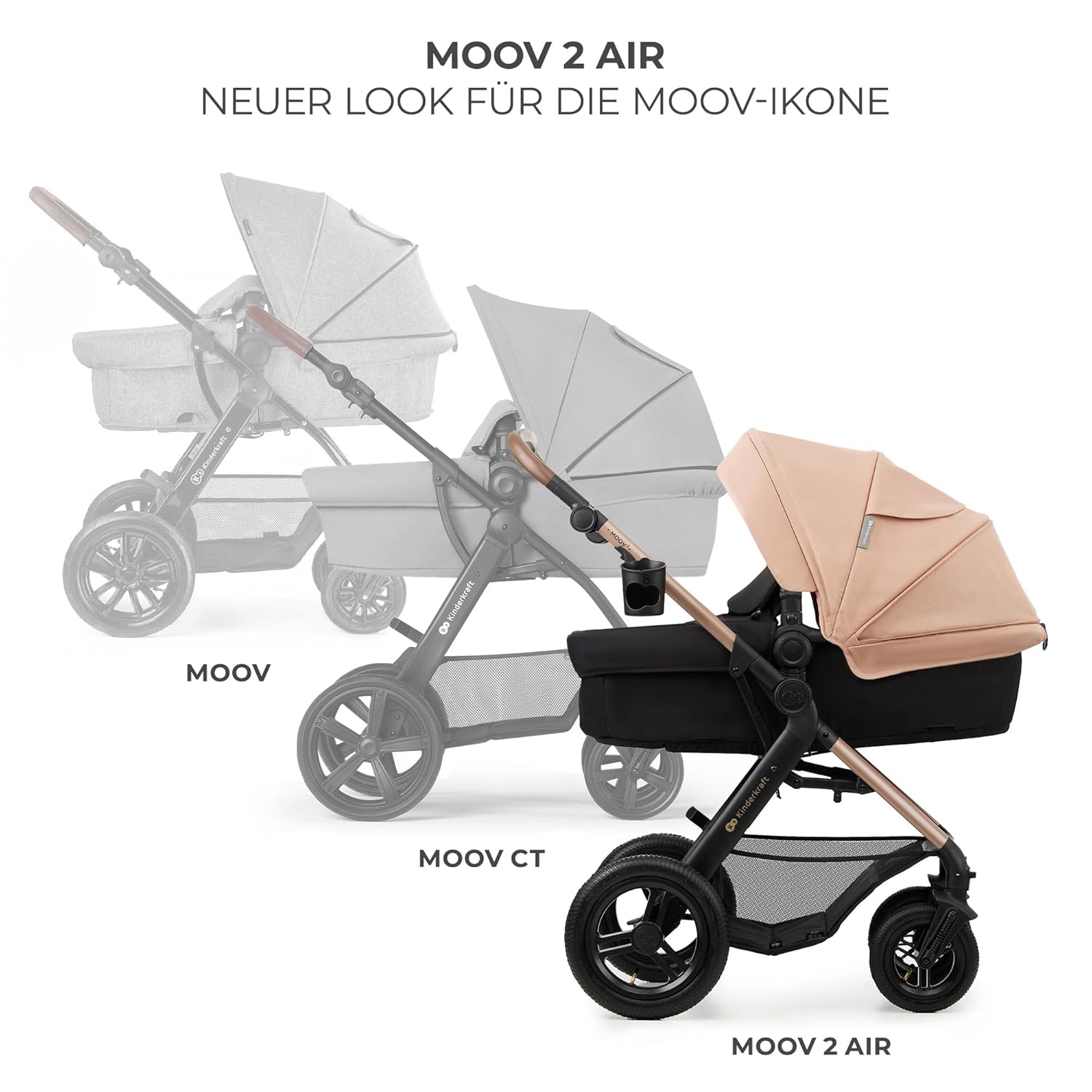 Kinderkraft MOOV2 AIR Passeggino 3 in 1 Set Passeggino fino a 26 kg con seggiolino auto I-SIZE 40-75 cm, funzione passeggino, schienale reclinabile, ampia capottina estensibile, ruote gonfiabili, nero