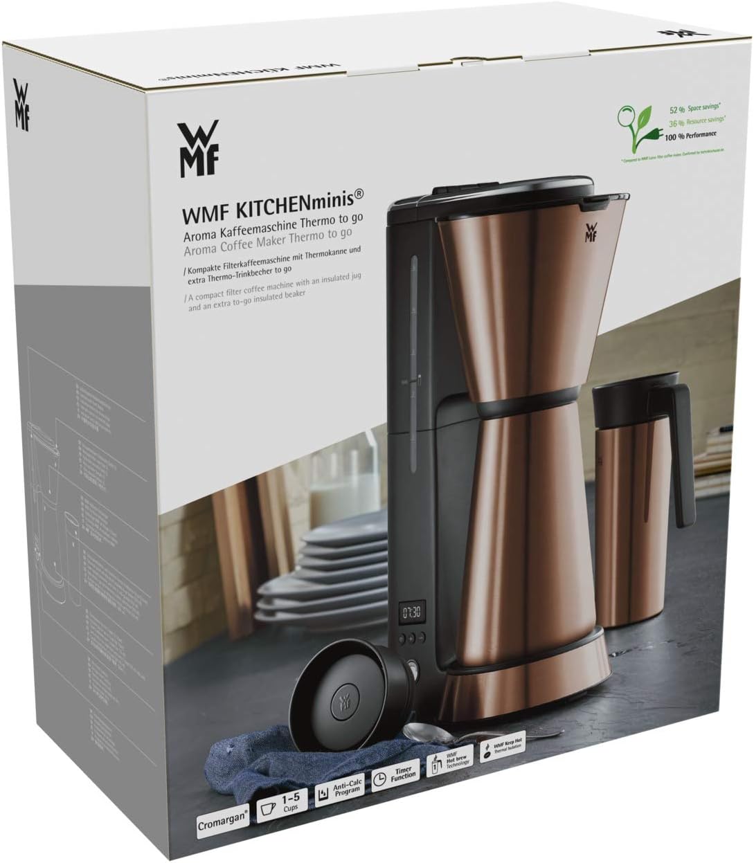 WMF Küchenminis Macchina da caffè con filtro Aroma, 870 Watt, Cromargan opaco e Tostapane 1 fetta a fessura lunga Küchenminis per Toast XXL, accessorio per panini, 7 livelli di doratura, protezione surriscaldamento 600W, Acciaio inox opaco