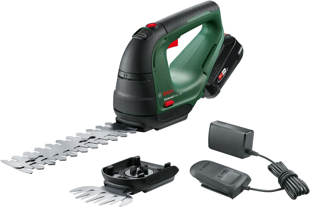 Bosch Akku Grasschere AdvancedShear 18V-10 (1 Akku 2,0 Ah, 18-Volt-System, schneidet bis zu 85 m pro Akkuladung, mit Strauch- und Grasscherenmesser, im Karton)