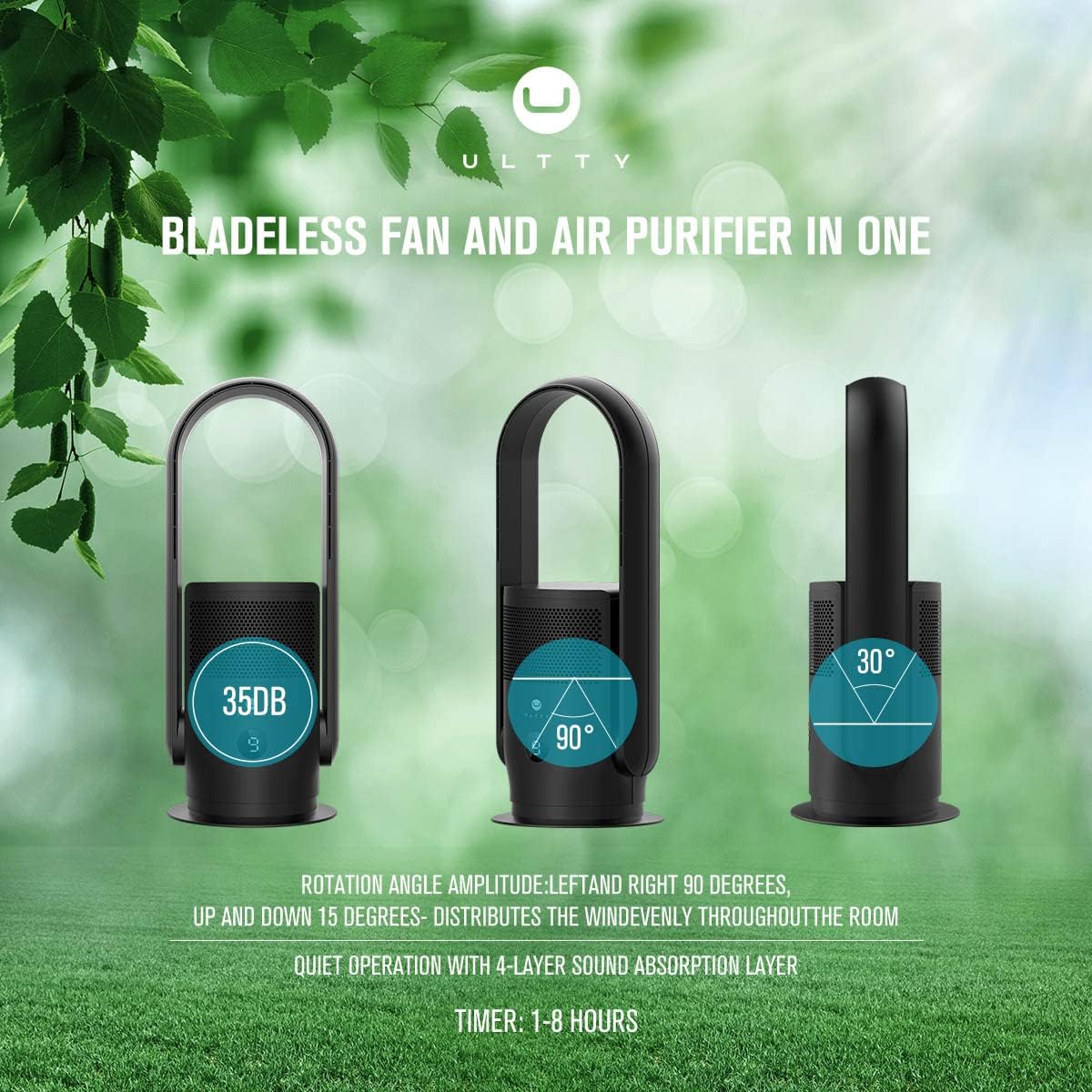 Ventilatore senza pale con purificatore d'aria, ventilatore a torre silenzioso Ultty con telecomando, touch, timer 8H, filtro HEPA 99,97%, ventilatore senza pale oscillante a 90° e alto 80 cm per camera da letto e casa, CR022 Bianco