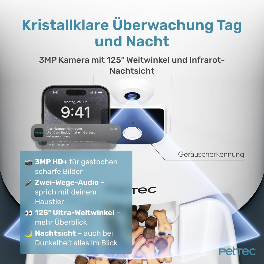 PetTec – Pet Cam Buddy Haustierkamera Futterautomat 8L für Katzen- & Hunde-Trockenfutter – Automatischer Futterspender mit WLAN & App-Steuerung -Inkl. 2-Wege-Audio, Bellerkennung & Nachtsicht