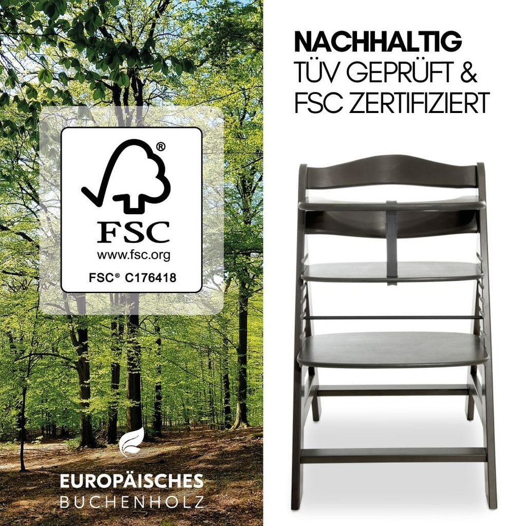 hauck Alpha Plus Newborn Set mit Premium Bouncer Dark Grey - Baby Holz Hochstuhl ab Geburt mit Liegefunktion - extra flacher Aufsatz für Neugeborene & Baumwoll Sitzpolster - Grau