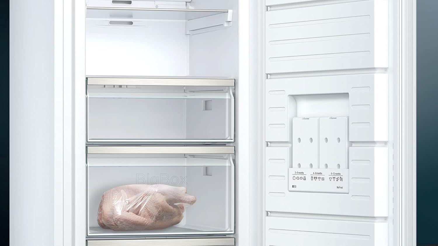 Siemens GS54NAWCV iQ500 Congelatore verticale, 176 x 70 cm, 327 L, NoFrost mai più sbrinamento, bigBox spazio per alimenti di grandi dimensioni, varioZone ripiani e cassetti flessibili in vetro, Bianco