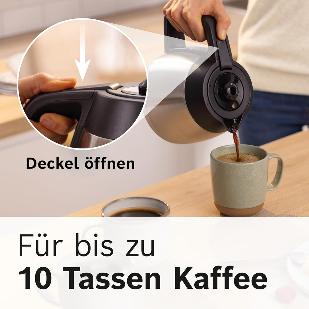 Bosch Filterkaffeemaschine MyMoment TKA3M134, Thermokanne 1 L, für 8-12 Tassen, Tropfstopp, schwenkbarer Filtertrger, Entkalkungsprogramm, abnehmbarer Wassertank, 1200 Watt, Schwarz matt