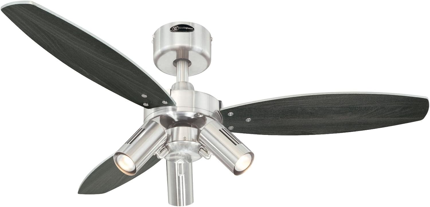 72290 Jet Plus, moderno ventilatore da soffitto da 105 cm con illuminazione di Westinghouse Lighting, finitura in nichel spazzolato, con faretti, telecomando incluso