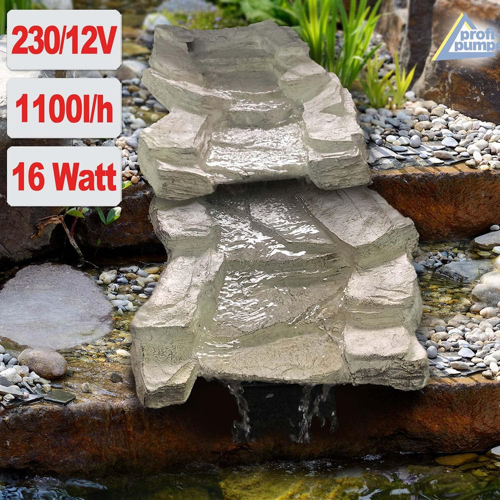 Fontana solare da giardino Bachlauf QUELLBACH II con luce LED/sistema ibrido, FONTANA ORNAMENTALE a 230V, BAGNO PER UCCELLI, CASCATA, LAMPADA DA GIARDINO, POMPA PER STAGNO - GIOCO D'ACQUA per giardino, laghetto da giardino, laghetto