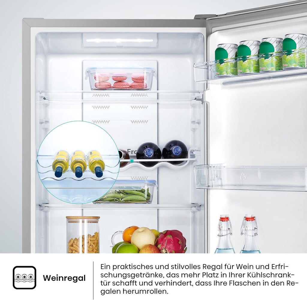 Hisense RB327N4ADD Frigorifero Combinato, Classe Energetica D, Total NoFrost, Porta Reversibile, Griglia Portabottiglie, Vano Frigo 171 Litri, Vano Congelatore 85 Litri, Look Acciaio Inox