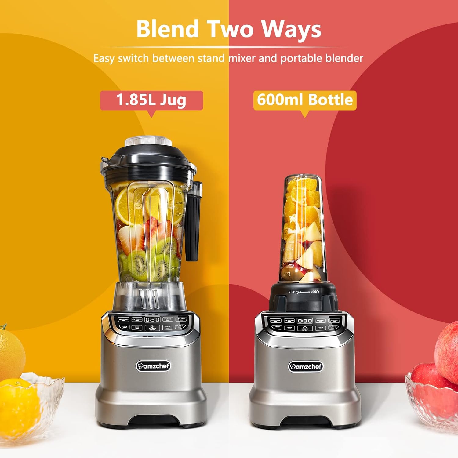 AMZCHEF Frullatore Professionale 2 IN1 con Contenitori da 1850 ml e 600 ml per Due Modalità di Frullatura | Frullatore da Tavolo 2000 Watt con 6 Lame Professionali e 22000 Giri/Min - Grigio Opaco
