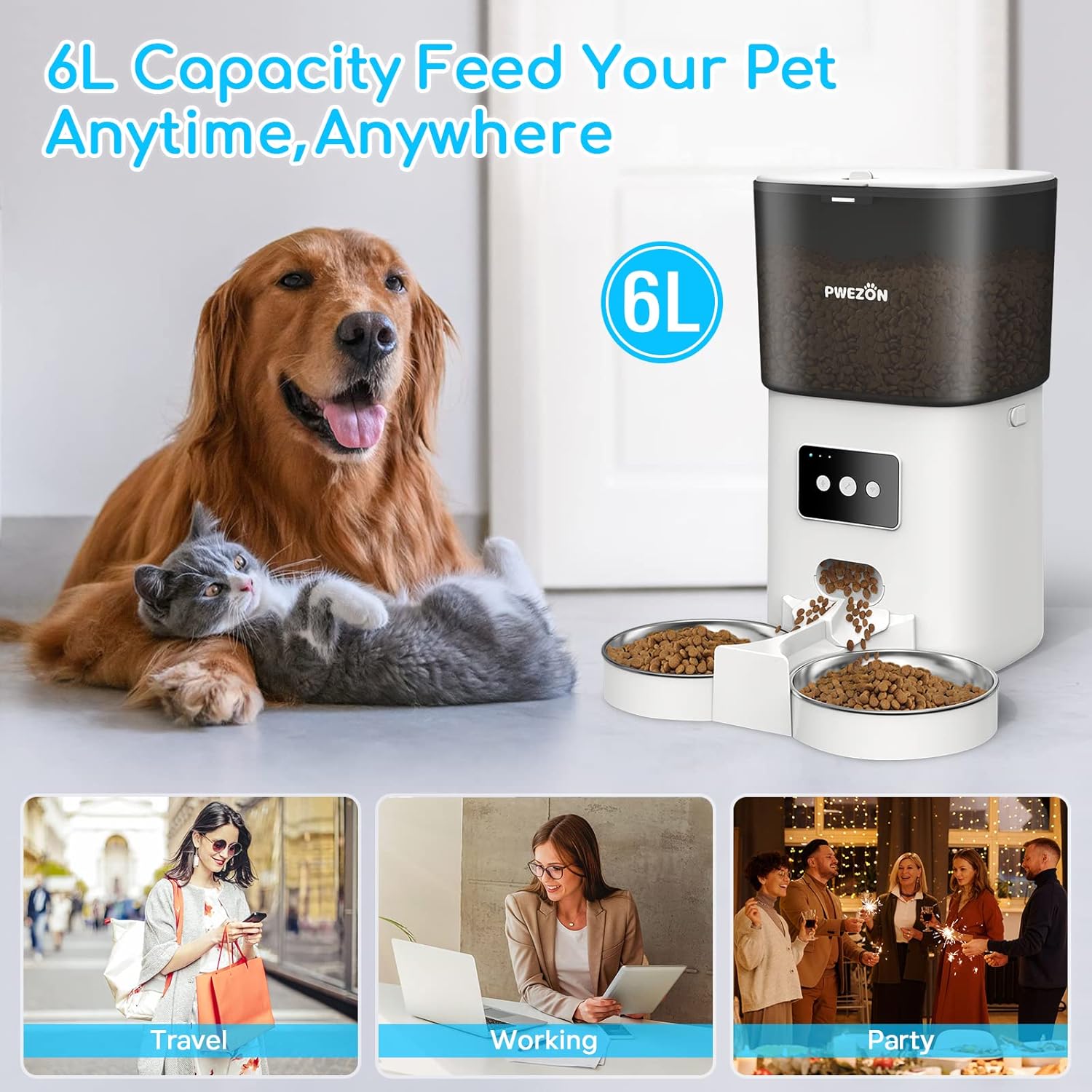 PWEZON Intelligenter WiFi Doppel-Futterautomat für Zwei Katzen, automatischer Katzen Futterautomat mit 2 Edelstahlnäpfen, 6L Trockenfutterspender mit App-Steuerung und Timer für Katze und Hund