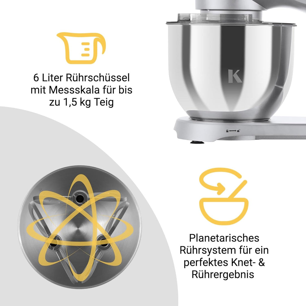 Impastatrice Planetaria KLAMER 1800W, con Ciotola in Acciaio Inossidabile da 6 Litri, 10 Velocità con Timer, Frusta a Filo, Gancio Impastatore, Frusta Piatta e Paraspruzzi