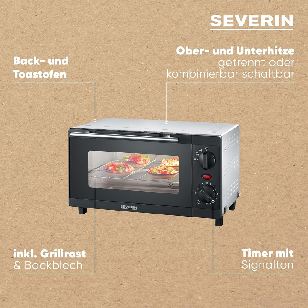 SEVERIN TO 2052 Forno tostapane (800 W, incl. griglia e teglia da forno, 9 L) argento/nero e 2287-000 Tostapane automatico, incl. supporto per panini, 2 fessure, 700 W, AT 2287, nero