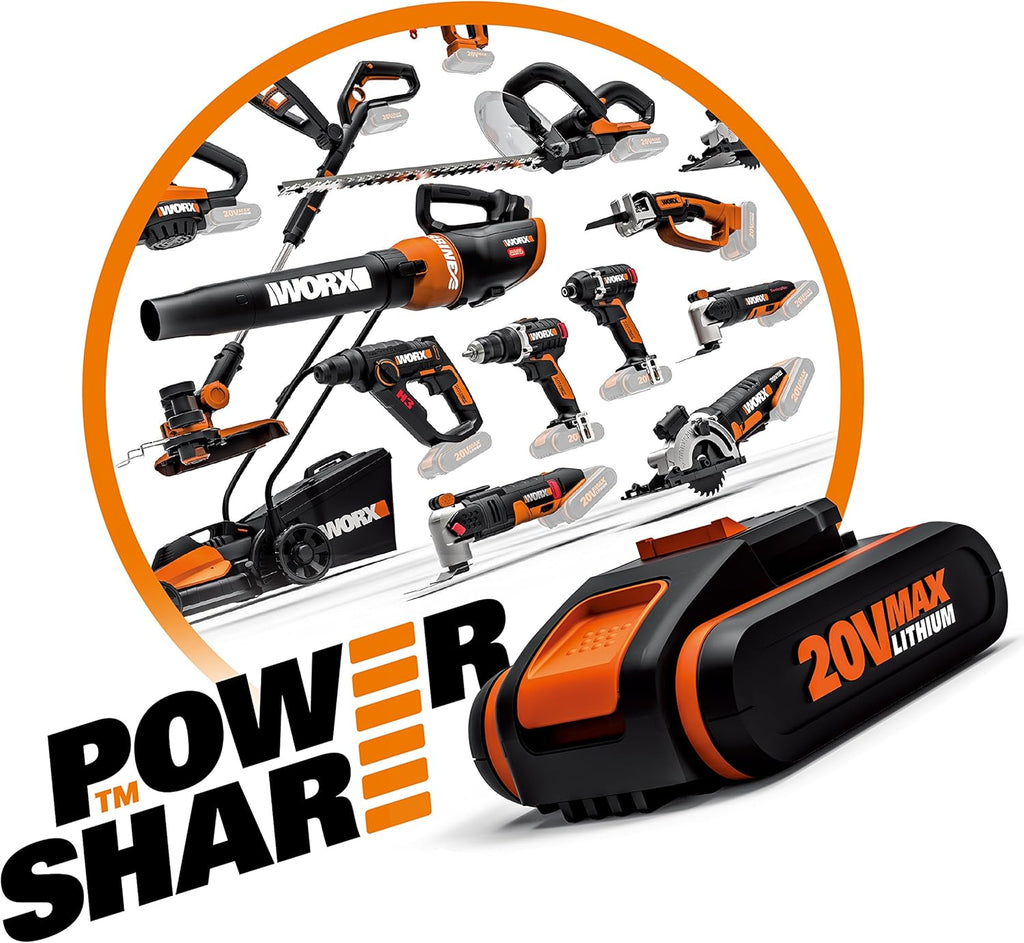 WORX WG252E.9 Tagliasiepi Telescopico a Batteria - Larghezza di Taglio 45 cm - Asta Telescopica Regolabile in 10 Posizioni fino a 3,20 Metri di Altezza - Compatibile con PowerShare - Batteria e Caricabatterie Non Inclusi