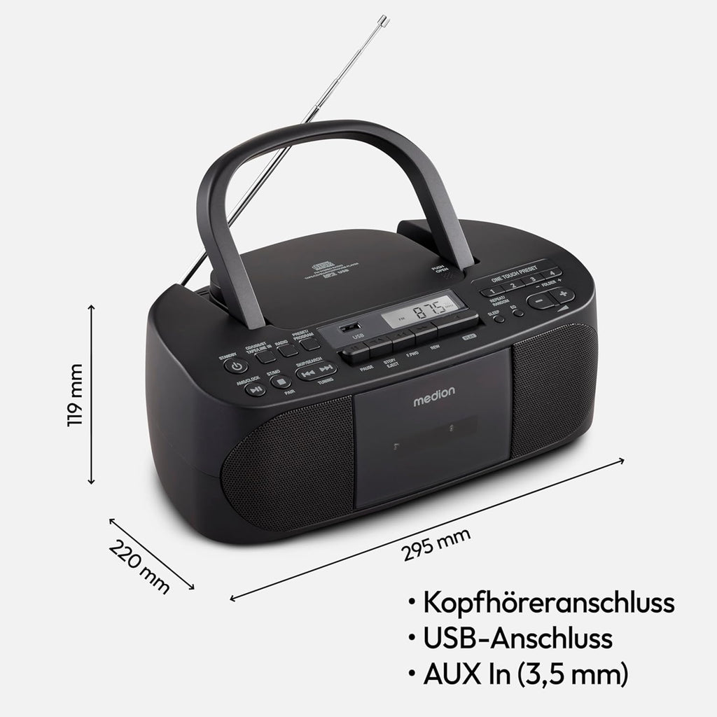MEDION E65010 Radioregistratore stereo (lettore CD, cassetta, porta USB, ingresso audio AUX, riproduzione MP3, radio PLL FM, 40 stazioni memorizzabili, funzionamento a batteria, telecomando) bianco