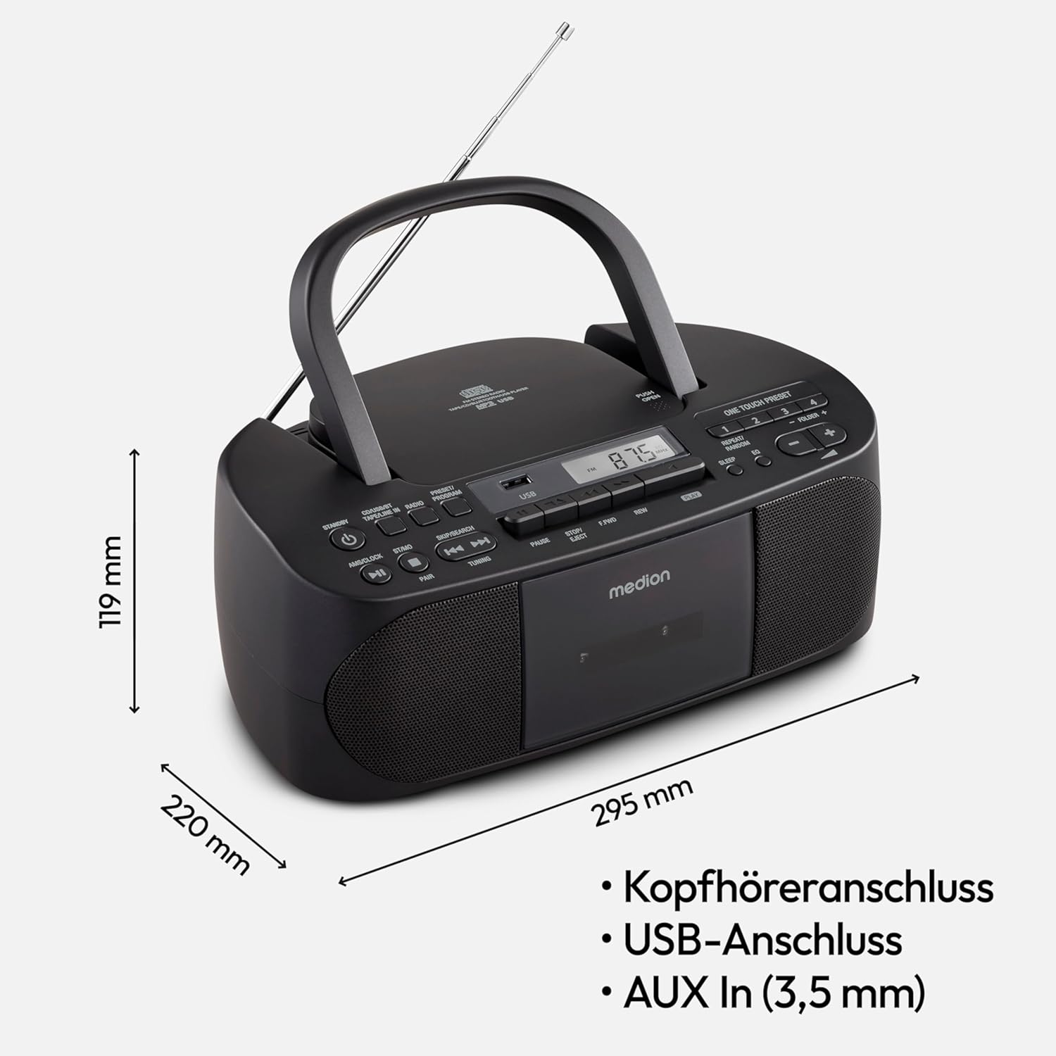 MEDION E65010 Radioregistratore stereo (lettore CD, cassetta, porta USB, ingresso audio AUX, riproduzione MP3, radio PLL FM, 40 stazioni memorizzabili, funzionamento a batteria, telecomando) bianco