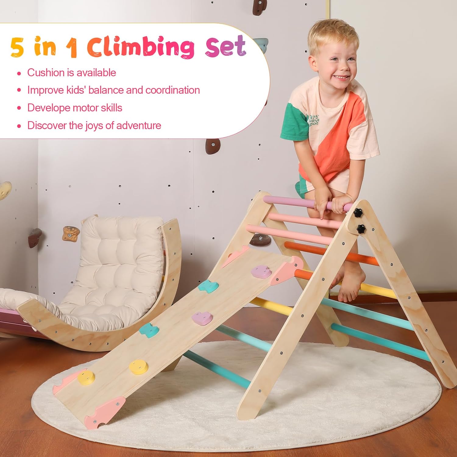 Set di triangoli con cuscino, set da arrampicata Montessori 5 in 1 pieghevole, set da gioco per interni per bambini piccoli, giocattolo da arrampicata in legno con rampa e arco da arrampicata per bambini (colore legno)