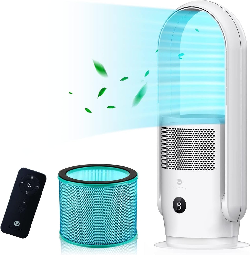 Ventilatore senza pale con purificatore d'aria, ventilatore a torre silenzioso Ultty con telecomando, touch, timer 8H, filtro HEPA 99,97%, ventilatore senza pale oscillante a 90° e alto 80 cm per camera da letto e casa, CR022 Bianco