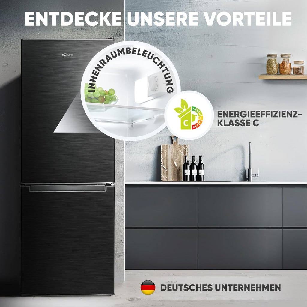 Frigorifero con congelatore Bomann | Combinazione Frigorifero Congelatore 173 L con 3 Ripiani e 3 Cassetti | Cerniera Porta Reversibile | Combinazione Frigorifero Congelatore Silenziosa 40 dB | Frigorifero KG 7359 Nero-inox
