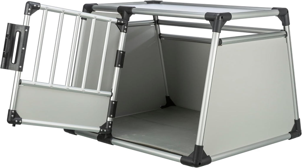 TRIXIE Hunde-Transportbox Aluminium in silber – M: 55 × 62 × 73 cm, stabile und geräuscharme Hundebox mit abgeschrägten Seiten, Sicherheitsverschluss & rutschfester Liegematte – 39342
