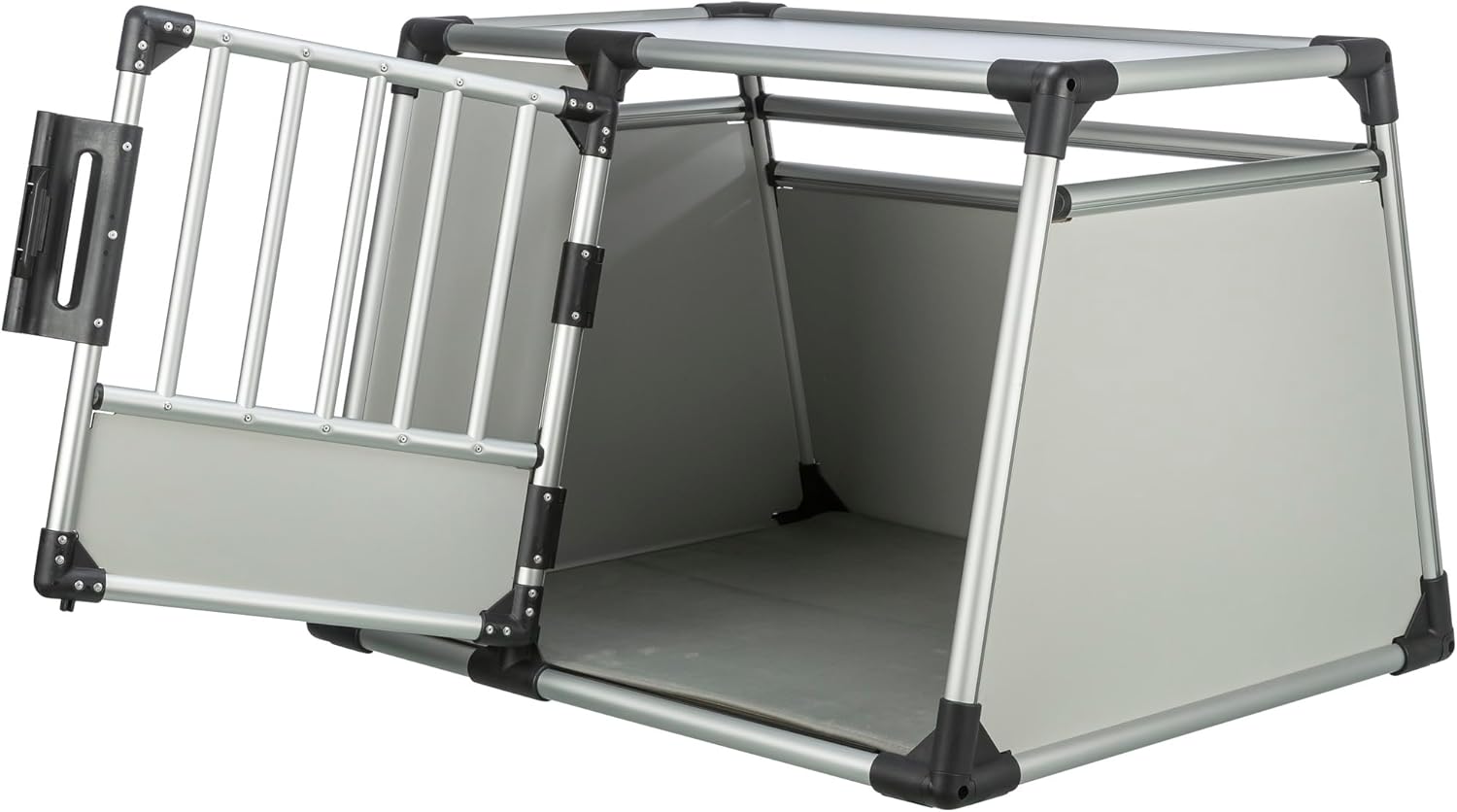 TRIXIE Hunde-Transportbox Aluminium in silber – M: 55 × 62 × 73 cm, stabile und geräuscharme Hundebox mit abgeschrägten Seiten, Sicherheitsverschluss & rutschfester Liegematte – 39342