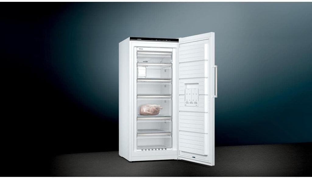 Siemens GS54NAWCV iQ500 Congelatore verticale, 176 x 70 cm, 327 L, NoFrost mai più sbrinamento, bigBox spazio per alimenti di grandi dimensioni, varioZone ripiani e cassetti flessibili in vetro, Bianco