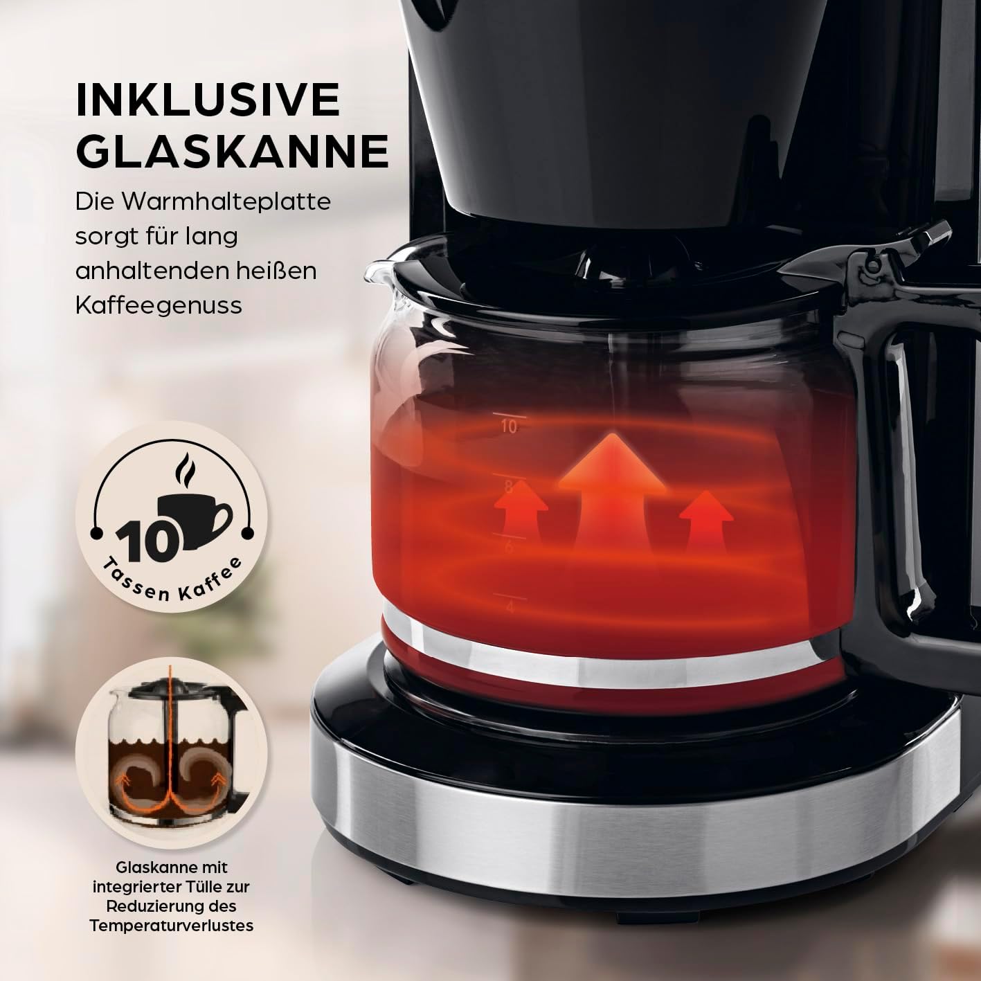 Barista Kaffeemaschine mit Mahlwerk | Filterkaffeemaschine mit Glaskanne | 900W Filtermaschine mit Touchdisplay & Timerfunktion für bis zu 10 Tassen | 1,25 Liter Kaffeekanne | Für Bohnen & Pulver