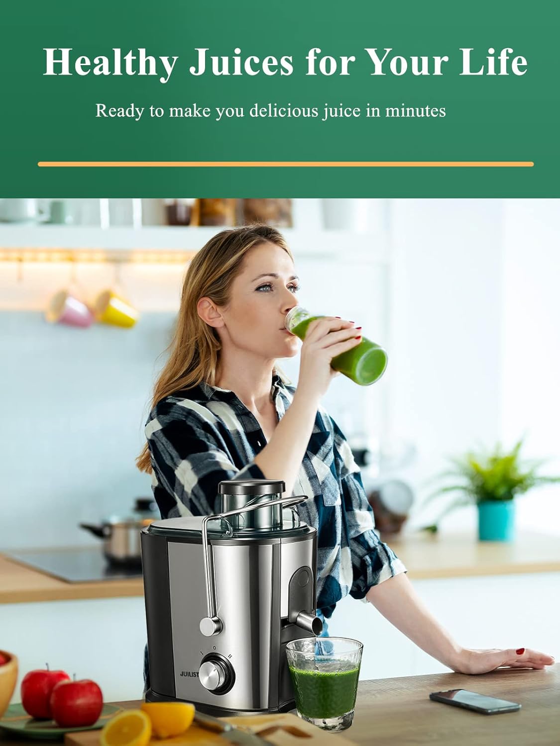 Juilist Entsafter Gemüse und Obst, 600W Juicer mit Groer Einfüllschacht (65 mm), 2 Geschwindigkeitsstufen, Anti-Tropf-System & Anti-Rutsch-Füe, Leicht zu bedienen und zu reinigen