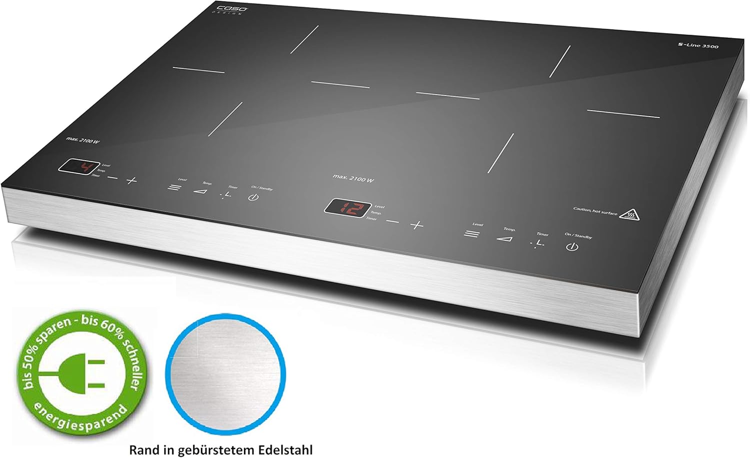 CASO S-Line 3500 - Mobiles Doppel- Induktionskochfeld,Testurteil: Sehr Gut, max. 3500 Watt, Temperatur 60-240°C, 12 Leistungsstufen, für Topfgrößen bis 22cm