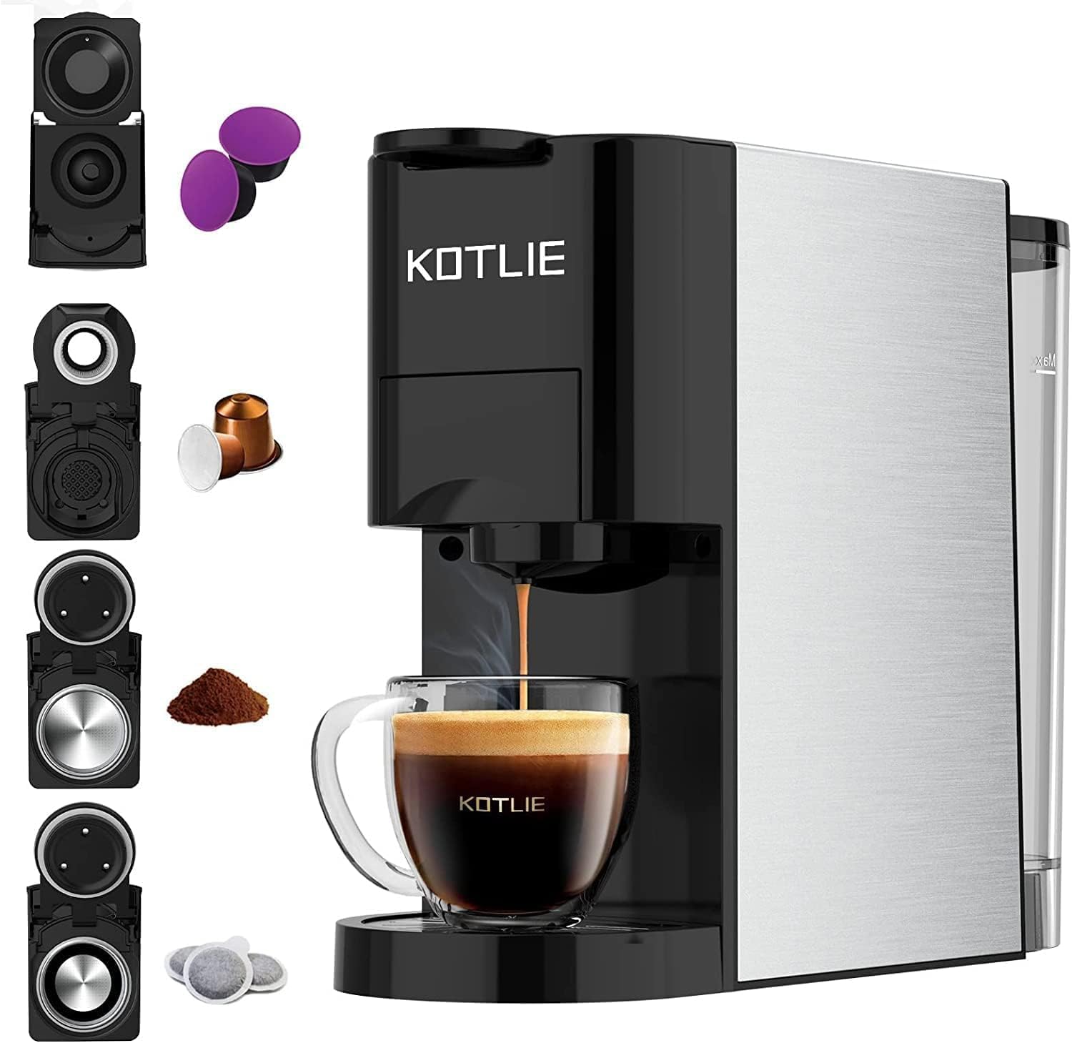 KOTLIE AC-513HF 5 in 1 Kaffeemaschine für NES/DG/a modo mio/Gemahlener Kaffee/ESE(44mm), Höhe für große Tassen (Schwarz)