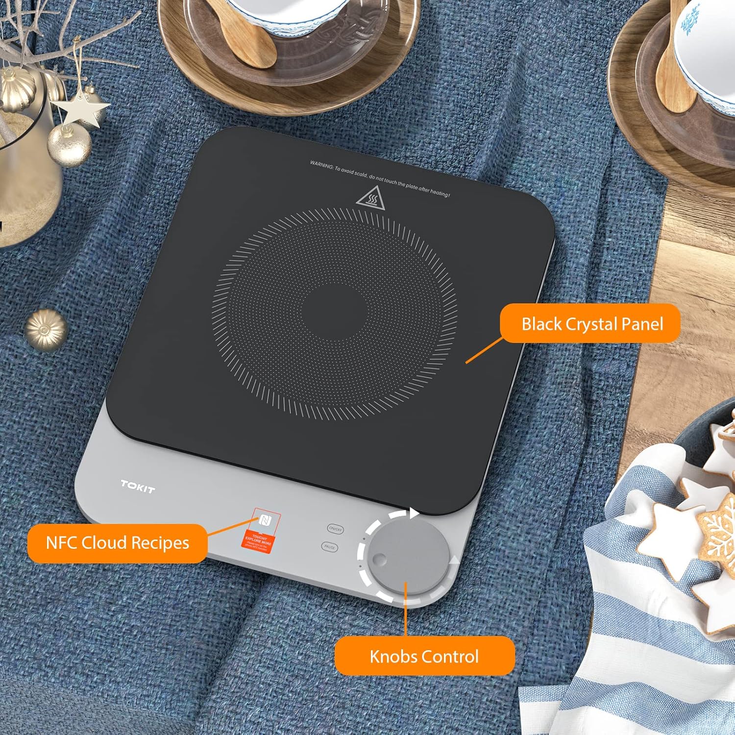 TOKIT Piastra a induzione 2100W Singola, Portatile, 99 Livelli di Potenza, Display OLED, Timer, Ultrasottile 20mm, Controllo APP, Sensore di Temperatura, in Vetro