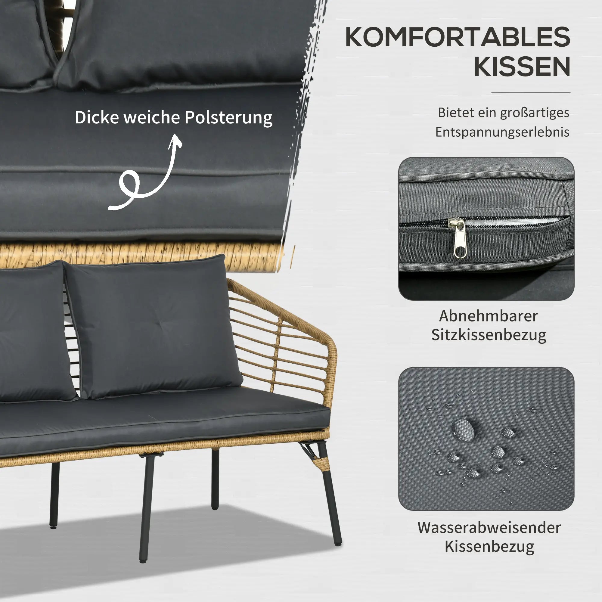 Outsunny Set Divano da Giardino in Polyrattan 4 pz Stile Boho Tavolino in Vetro