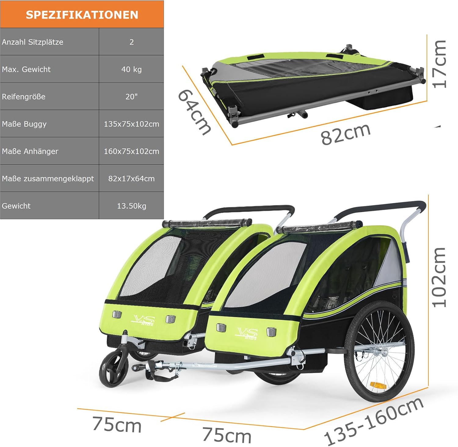 Tiggo VS 2 in 1 Rimorchio per bambini Rimorchio per bici Rimorchio con set passeggino Jogger 50202
