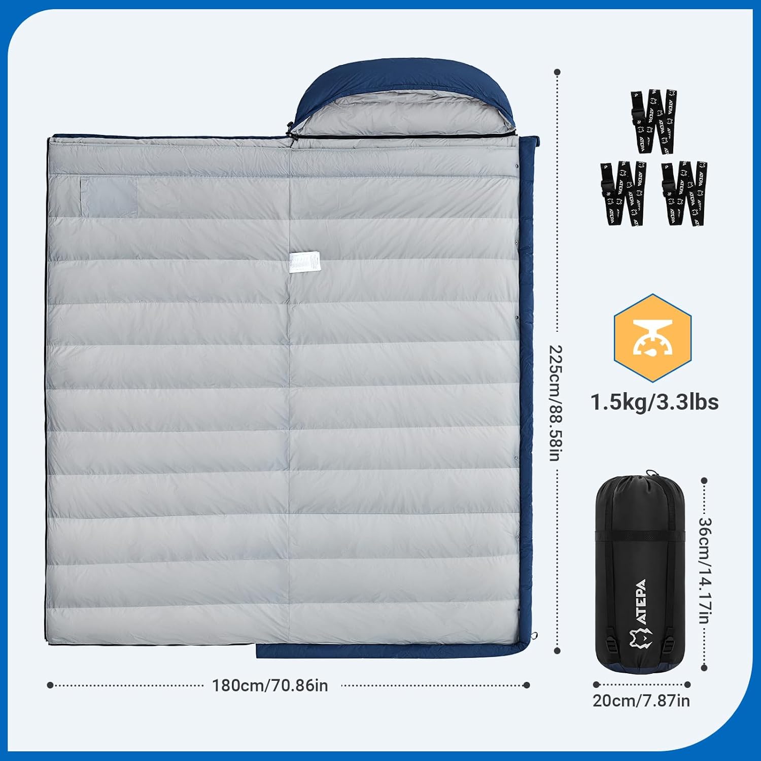 ATEPA Daunenschlafsack Winter Outdoor,Daunenschlafsack, Übergröße Ultraleichter, 3 Jahreszeiten Warm, XXL Leichtgewicht, großartiger Komfort, Ideal für Rucksacktouren Erwachsene Camping, Wandern