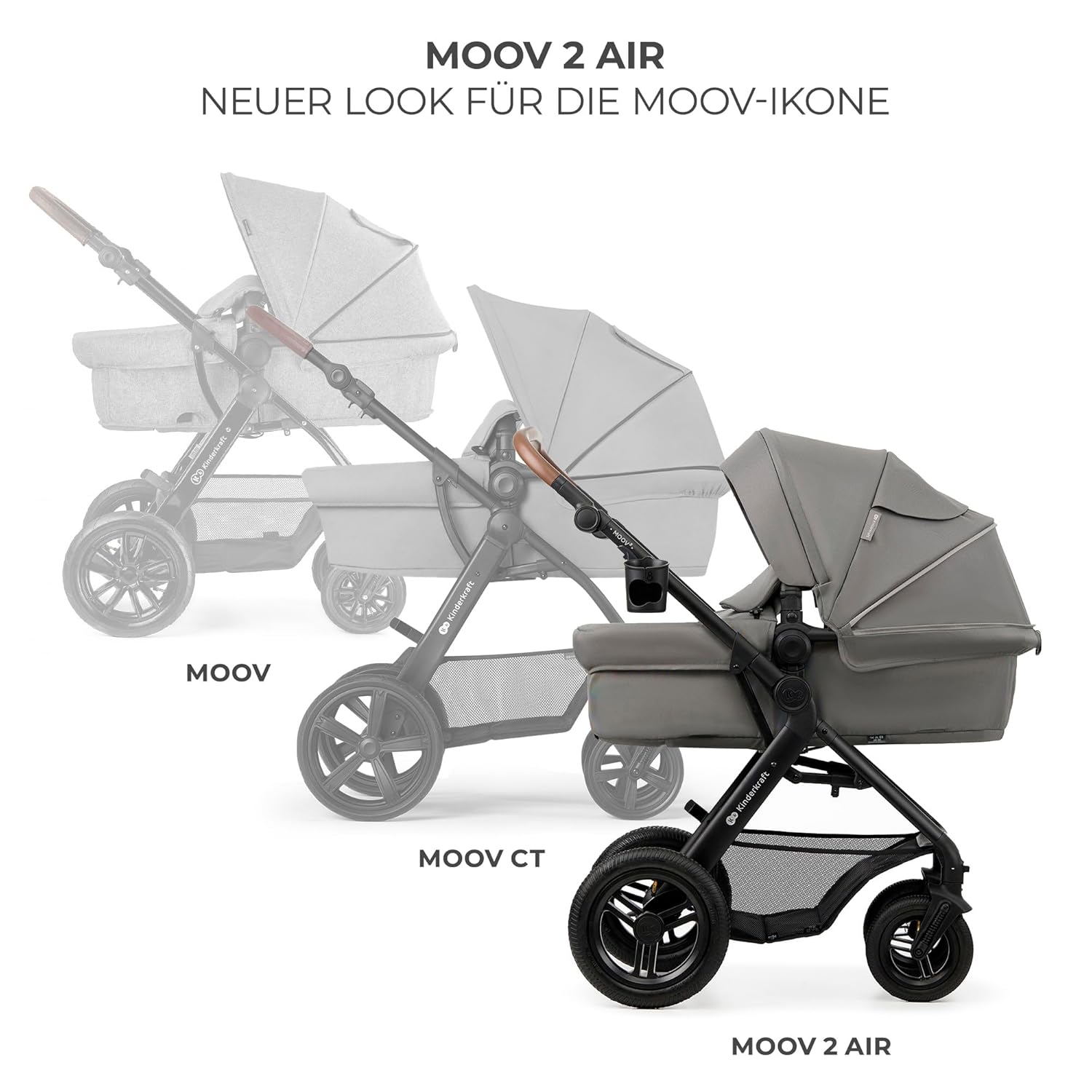 Kinderkraft MOOV2 AIR Passeggino 3 in 1 Set Passeggino fino a 26 kg con seggiolino auto I-SIZE 40-75 cm, funzione passeggino, schienale reclinabile, ampia capottina estensibile, ruote gonfiabili, nero