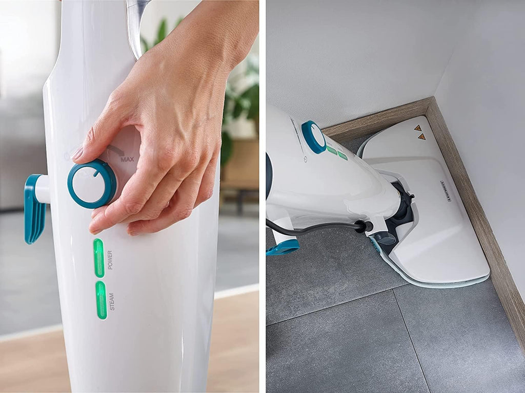 Leifheit Pulitore a vapore CleanTenso Power 2.0 con vapore caldo contro i batteri, Mop a vapore con tempi di riscaldamento brevi e 50 minuti di autonomia, Scopa a vapore per la pulizia degli angoli, Spazzola a vapore dal design moderno